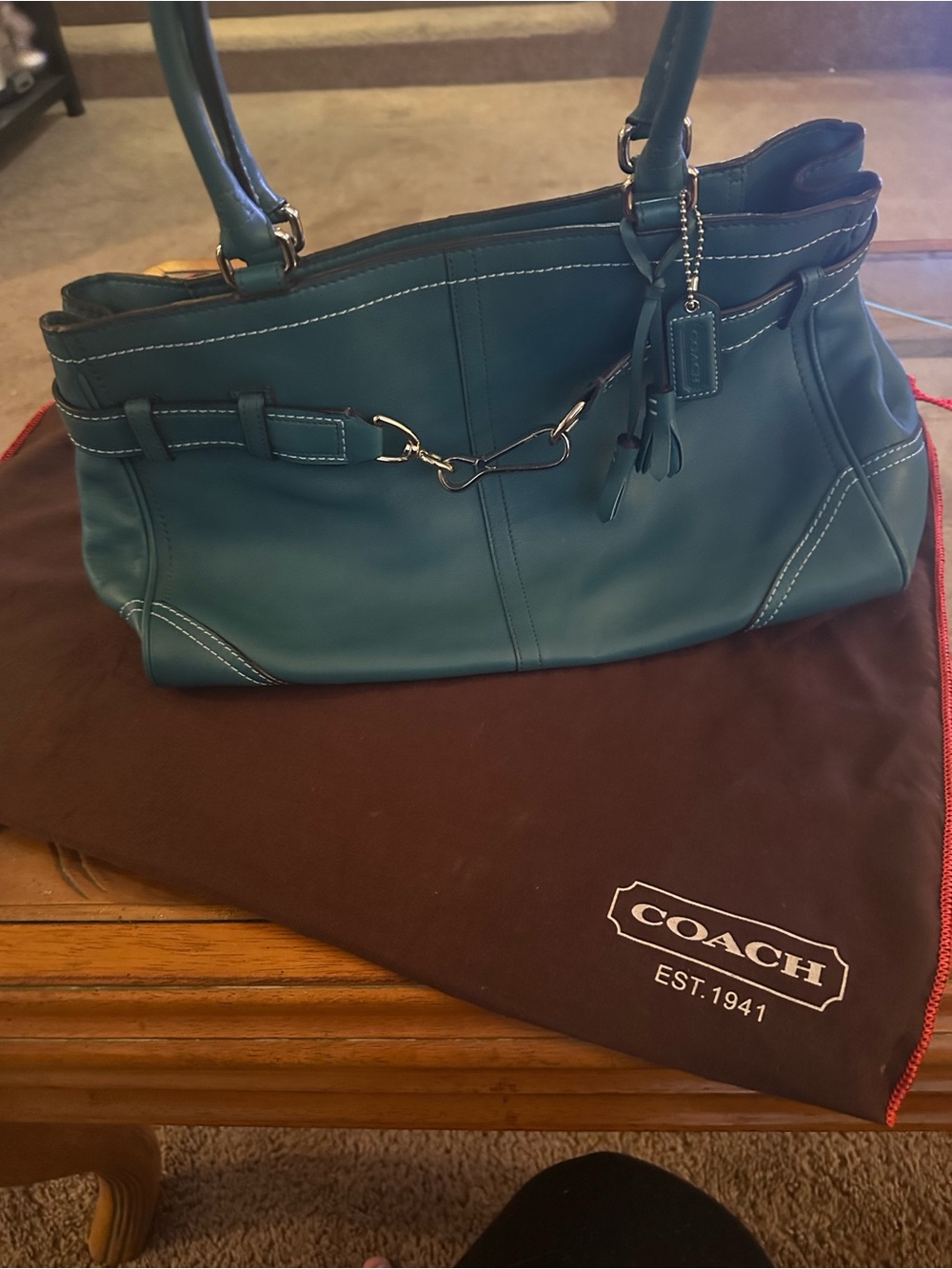 Coach Teal Leather Shoulder Bag with Silver Hardware - Picture 6 of 6